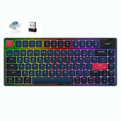 Image of ATTACK SHARK AK832 PRO Low Profile Mechanical Keyboard, Ultra Thin RGB Wireless 75% Gasket Gaming Keyboard with LED Screen, BT5.1/2.4G/Wired Tri Mode, 81 Key Blue Switch Coiled USB C Cable for Mac/Win