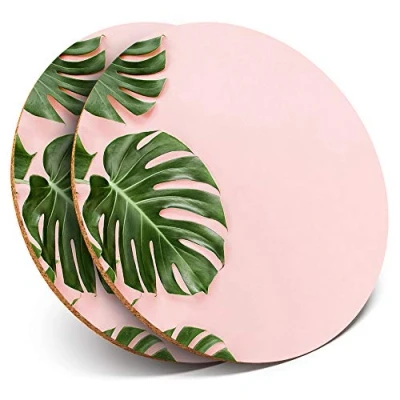 Image of 2 x Round Coasters Pink Palm Tree Leaves Tropical Cork Backed Home Kitchen Accessory Tea Coffee Mug Mat #14338