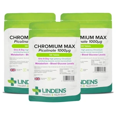 Image of Lindens Chromium Max 1000mcg Picolinate 360 Vegan Tablets Normal Blood Sugar Levels, Metabolism Mega Potency (2500% NRV) 12 Months Supply, UK Manufacturer, Letterbox Friendly