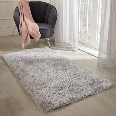 Image of Sienna Fluffy Rug for Living Room Bedroom Anti Slip Carpet Shaggy 4cm Pile Non Shed Super Soft Floor Mat, Silver Grey 80 x 150cm