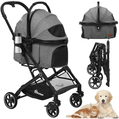 Image of YITAHOME Dog Pushchair, Pet Stroller 3 in 1, One Click Foldable Cat Stroller, Pram with Detachable Carrier Storage Basket Cup Holder, Car Seat, Buggy (Grey)