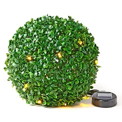 Image of Taylor &amp; Brown 28cm Solar Powered 20 LED Rose Artificial Topiary Ball Hanging Ornament Boxwood Garden Ultra Bright Light Decorative Two Functions (1 Pack, Green)