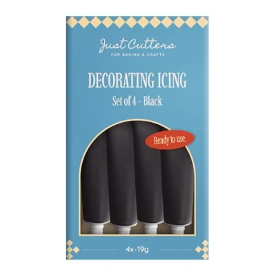 Image of JUST CUTTERS Pack of 4 x 19g Writing Icing Tubes Ready To Use Instant Pens for Writing, Drawing &amp; Personalising Cakes, Biscuits Baking (Black)
