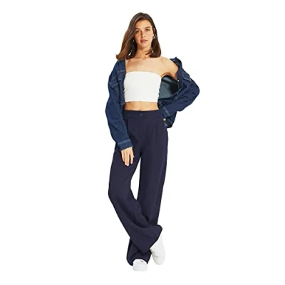 Image of Trendyol Women High Waist Wide Leg Trousers Dark Blue