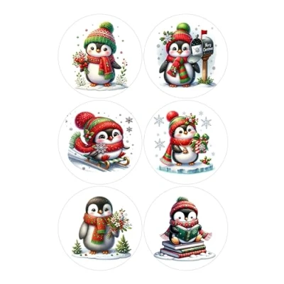 Image of 12 Penguins Christmas Selection Card Making Toppers Self Adhesive Circles Glossy Finish Medium 88mm (3.5 inches) Diameter Pack of (Two Sheets 6) Crafts Labels