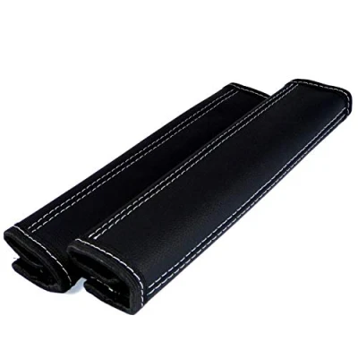 Image of L&amp;P A138 Pack of 2 Seat Belt Protectors 100% Genuine Leather in Black with Grey Stitching