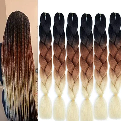 Image of blonde Braiding Hair Extensions 6 Packs Kanekalon Brown Ombre Jumbo Braids 24 Inch Box Braid for Crochet 100g(Black to Blonde)