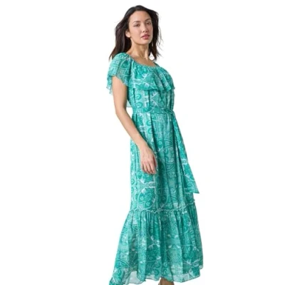 Image of Roman Originals Women Off Shoulder Dress Ladies Bardot Cold Paisley Print Tiered Maxi Spring Everyday Summer Evening Vacation Work Holiday Smart Casual Teal Size 12