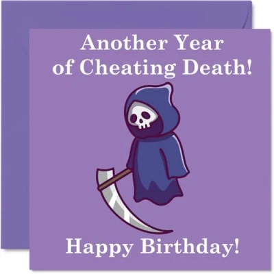 Image of Funny Birthday Cards for Women Men Sad Cartoon Grim Reaper Rude Happy Card Mum Dad Brother Sister Son Daughter Nan Grandad, 145mm x Joke Humour Banter Greeting