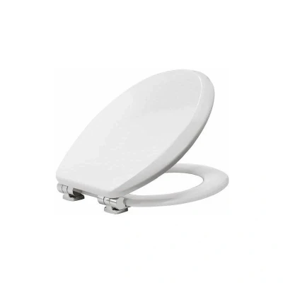 Image of Bemis Vegas Ultra Fix White Toilet Seat. Soft Close Seat, Wooden Seat with Chrome Plated Hinges. Universal Easy to Clean &amp; Quick Installation,