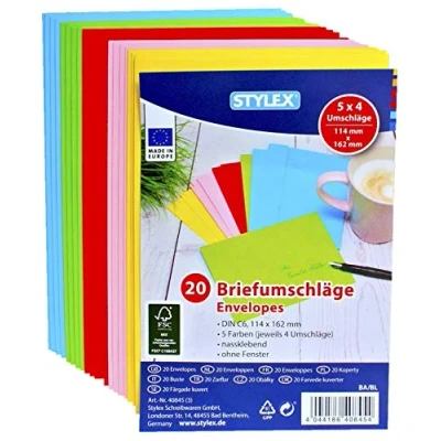 Image of 100 (5 x 20) coloured envelope, C6 colourful envelope DIN Stück assorted colours