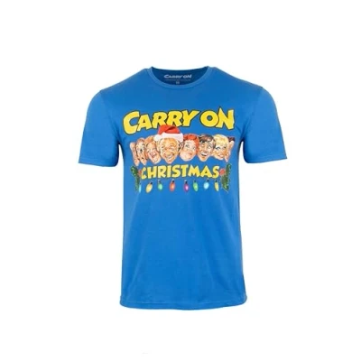 Image of Carry On Films Official Christmas T Shirt Kenneth Williams Sid James and The Team Blue (UK, Alpha, M, Regular, Blue)