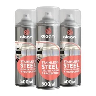 Image of GLEAN Stainless Steel Cleaner &amp; Polish Spray Aerosol 3x500ml Shines and Protects Ideal For Fridges, Sinks, Kitchen Appliances Removes Dirt, Grease Fingermarks