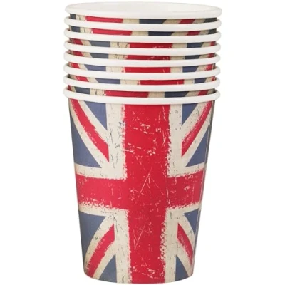 Image of Smiffys Union Jack Vintage Style Print Paper Cups 8 Pack, 9oz, Fancy Dress, Dress Up Party Goods