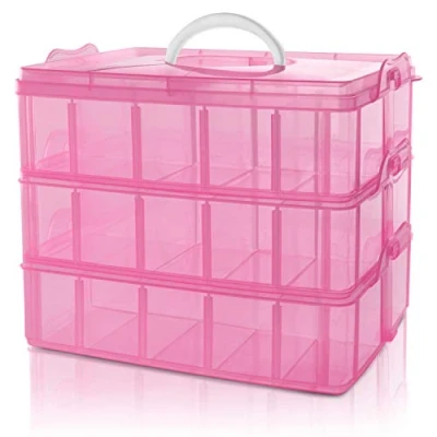 Image of BELLE VOUS 3 Tier Pink Transparent Plastic Stackable Storage Box Adjustable Compartment Slots Max 30 Compartments Container for Storing &amp; Organising Toys, Jewellery, Beads, Arts Crafts, Tools