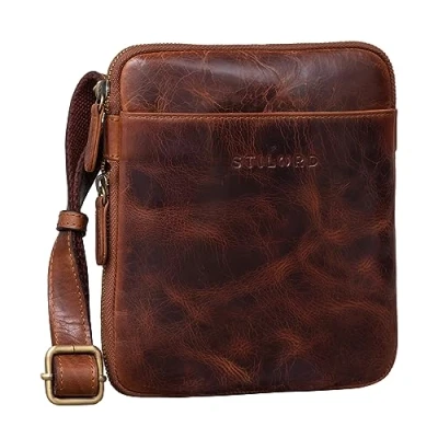 Image of STILORD &#039;Carson&#039; Mens Small Satchel Bag Leather Vintage Messenger Shoulder Cross Body Over for Men in Genuine Leather, Colour:middle brown