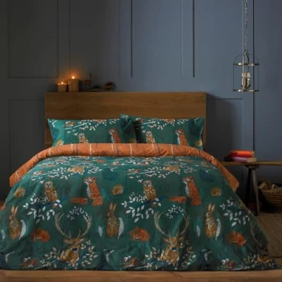 Image of Furn. Forest Fauna Super King Duvet Cover Set, Cotton, Polyester, Emerald