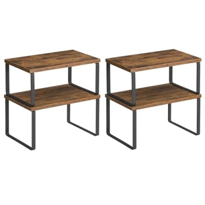 Image of SONGMICS Spice Rack, Set of 2 Cupboard Shelf Organiser, Expandable Kitchen Stackable Holder, Metal and Engineered Wood, Black Rustic Brown KCS020X01