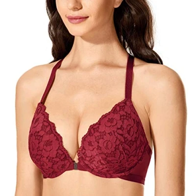 Image of DOBREVA Women&#039;s Push Up Front Fastening Bras Racer Back Lace Padded Plunge Underwired Bra Cerise 38DD