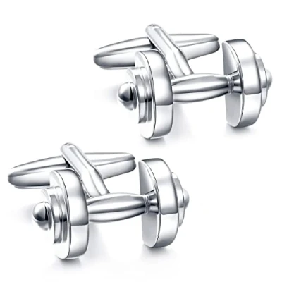 Image of HONEY BEAR Dumbell Cufflinks for Mens Shirt Gift Stainless Steel Silver Novelty Cuff Link