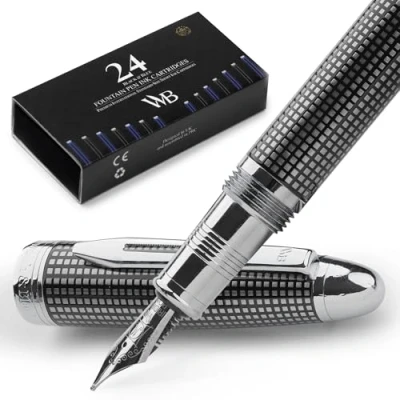 Image of Wordsworth &amp; Black Majesti Fountain Pen (Black Checked), Luxury Case, Stainless Steel; Medium Nib Ink Cartridges, Refillable Converter Calligraphy Best Business Gift Set for Men Women