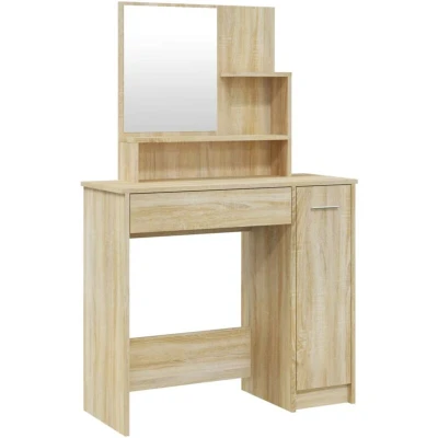 Image of vidaXL Sonoma Oak Dressing Table with Mirror Engineered Wood Makeup Vanity Desk Ample Storage Easy To Assemble Bedroom Furniture 86.5x35x136 cm