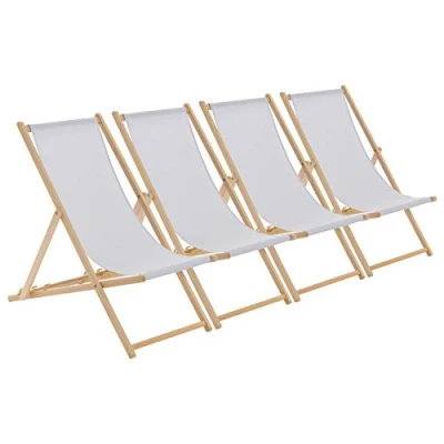 Image of Harbour Housewares Folding Wooden Deck Chairs Light Grey Pack of 4 Adults Traditional Foldable Reclining Outdoor Canvas Sun Lounger Chair Seat for Garden Patio, Beach, Camping
