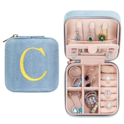 Image of TINGN Initial Jewellery Box Women&#039;s with C and Flower Travel Small Personalised for Women Girls Gift Birthdays Christmas Mother&#039;s Day Wedding