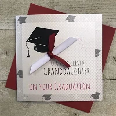 Image of WHITE COTTON CARDS Handmade to A Very Clever Granddaughter Graduation Cap Card, White, G15gd, 16cm x
