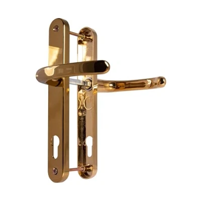Image of TSS UPVC Door Handles Lever/Lever 92mm PZ (Centres) 210mm Screw to ScrewBackplate 242mm X 34mm Handle External White Replacement (Polished Brass)