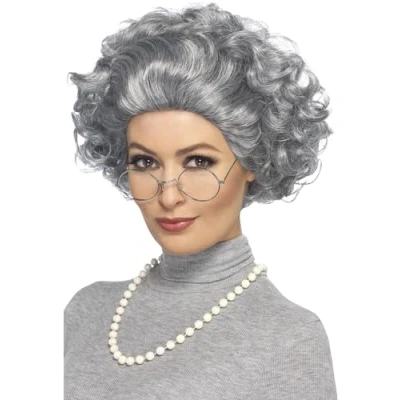 Image of Smiffys Granny Kit, Grey with Wig, Glasses &amp; Pearl Necklace, Funny Fancy Dress, Adult Dress Up Wigs