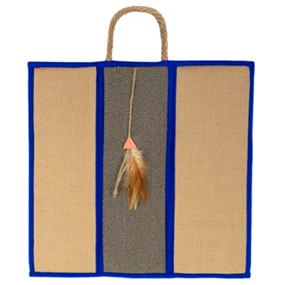 Image of SmartyKat Clever Claws Carpet &amp; Burlap Hanging Cat Scratch Mat Brown/Gray with Blue Trim, One Size
