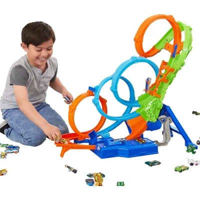 Image of Hot Wheels Toy Car Track Set With 4 Loops, 3 Way Crash Zone &amp; Motorized Booster, Folds for Storage, 1:64 Scale Car, HXT06