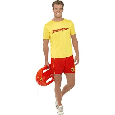 Image of Smiffys Baywatch Men&#039;s Beach Costume for Adults, Includes Yellow Top &amp; Elastic Waist Shorts with Iconic Logo, Officially Licensed, Ideal Groups, Students, and Lifeguard Fancy Dress