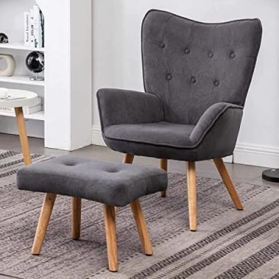 Image of HollyHOME Armchair with Footstool Living Room Chair, Velvet Accent Chair Reading Bedroom Dark Grey
