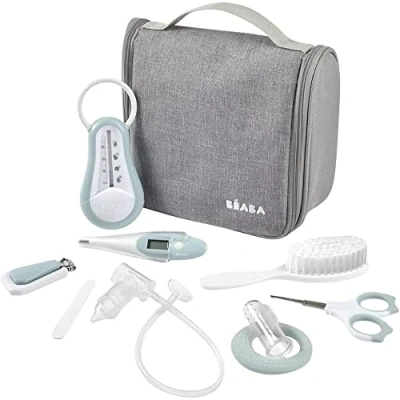 Image of BÉABA Baby Health Care Kit Grooming 9 Newborn Accessories : Bath and Digital Thermometer + Teething Ring Gum Brush Manual Nasal Aspirator Nail Scissors Green Blue