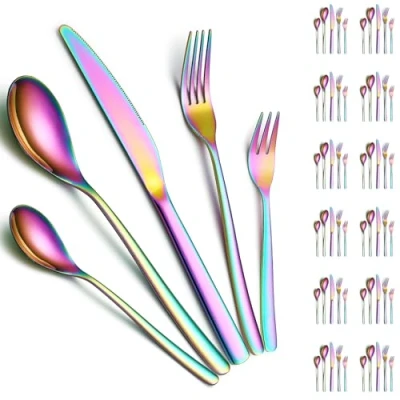Image of Cutlery Sets 60 Pieces Service for 12, ReaNea Rainbow Titanium Plating Flatware Set Include Dinner Knives, Spoons, Forks, Teaspoons, Dessert Dishwasher Safe