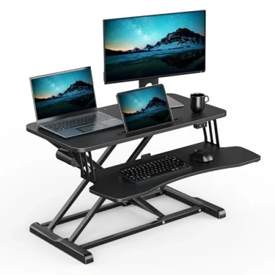 Image of VonHaus Electric Standing Desk Converter, Height Adjustable Two Tier Computer Workstation w/Keyboard Shelf, Dual Monitor Sit Stand Riser w/Up Down Controls &amp; Tablet Holder, 80cm Length 20kg Capacity