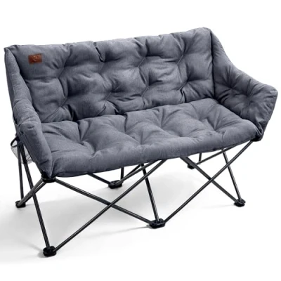 Image of EVER ADVANCED Camping Chair Double for Adults 6cm Padded 320kg Folding 2 Seater Sofa with Side Pocket Dining Garden Outdoor Heavy Duty Luxury Fishing Portable Oversized Comfy Lightgrey