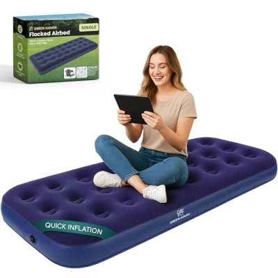 Image of Green Haven Single Blow Up Camping Bed (191 x 73 22 cm) Waterproof Inflatable Airbed Mattress Quick Inflate Ideal for &amp; Guest Use