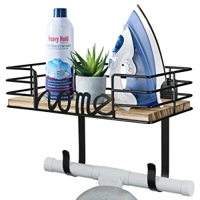 Image of TJ.MOREE Ironing Board Hanger Wall Mount Laundry Room Iron and Holder with Large Storage Wooden Base Basket Removable Hooks (Black)