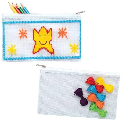 Image of Baker Ross AT953 Pencil Case Cross Stitch Kits Pack of 2, Make Your Own Colourful Bag for Kids Arts and Crafts or Sewing Beginners