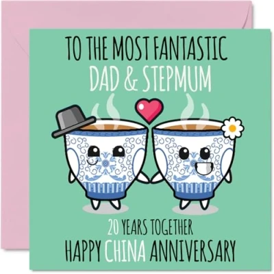 Image of Cute China Anniversary Card for Dad &amp; Step Mum 20 Years Together Happy 20th Wedding Cards Dad, 145mm x Greeting Twentieth Anniversaries