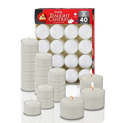 Image of Ner Mitzvah Long Burning Tealight Candles 8 Hours White in Clear Cups Unscented 40 Pack Made EU