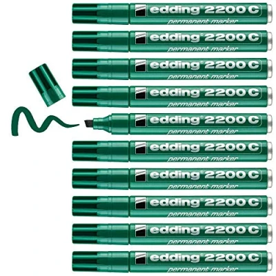 Image of edding 2200 C permanent marker green box of 10 chisel tip 1 5 mm quick drying pen waterproof, smudge proof for cardboard, plastic, wood, metal, fabric