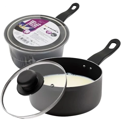 Image of New 16cm Milk Pan + Glass Lid Sauce Pot Tea Handle Kitchen Non Stick Cookware Easy to Clean Stay Cool Wooden Boil Eggs, Warming