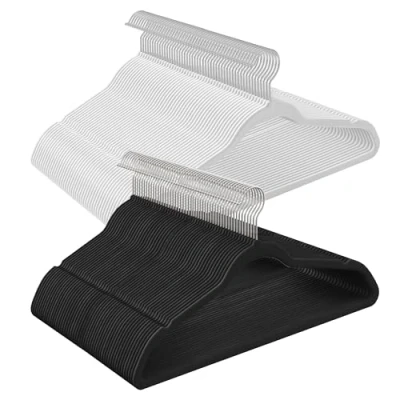 Image of SONGMICS Set of 100 Velvet Hangers, 41.5 cm Wide, Space Saving, High Load Capacity, with 360 Swivel Hooks, for Coats Shirts Suits, Silver and Black CRF026B100