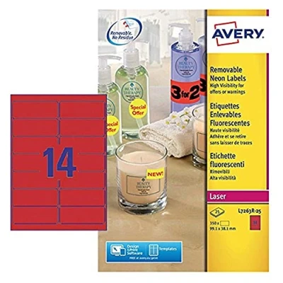 Image of Avery L7263Y 25 Printable, Customisable Removable Neon Yellow Labels, 14 Labels Per A4 Sheet