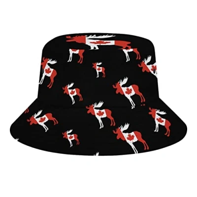 Image of Canada Flag Moose Portable Bucket Hat for Women Men Breathable Sun Cap Fisherman Travel Beach Funny