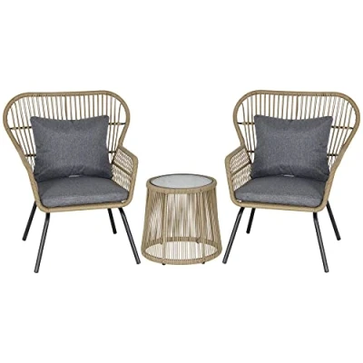 Image of Outsunny 3 Pieces Rattan Bistro Set, Wicker Garden Furniture Set with Cushions, Glass Top Coffee Table and Chairs for Outdoor, Patio, Balcony, Brown
